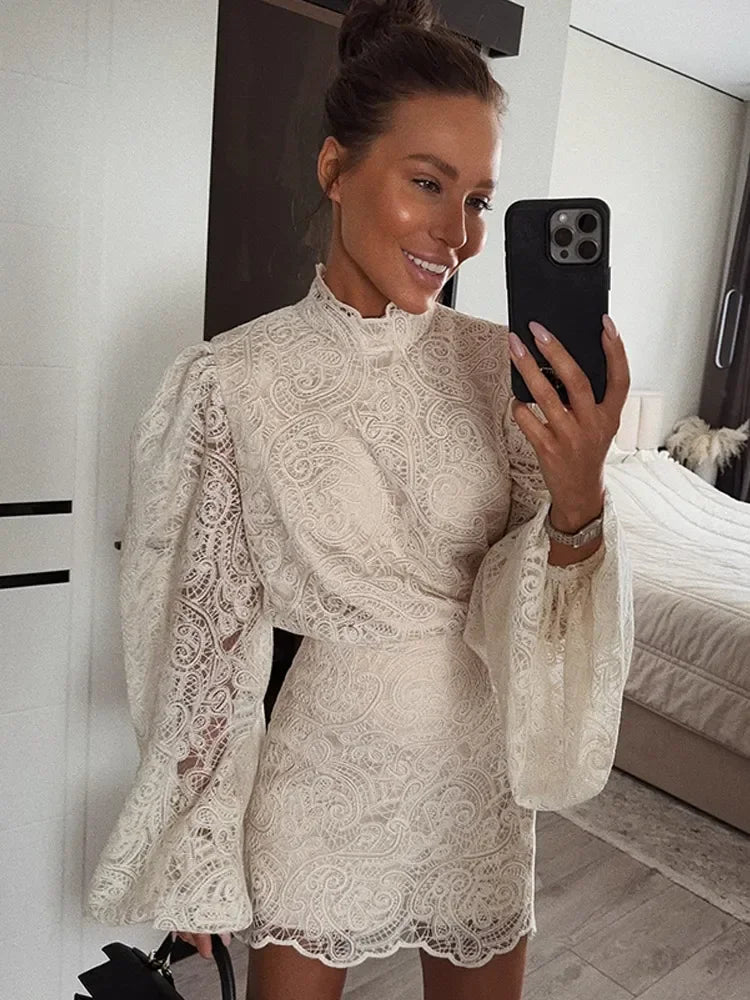 Lady Elegant Hollow Out Lace Short Dresses Trendy Long Sleeve High Neck Mini Vestidos 2025 New Chic Autumn Night Club Gown