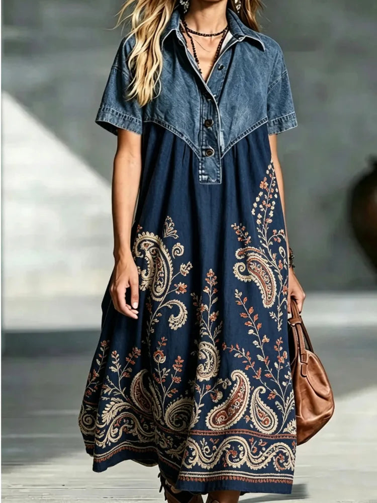 Leopard Print Denim Panel Maxi Dress