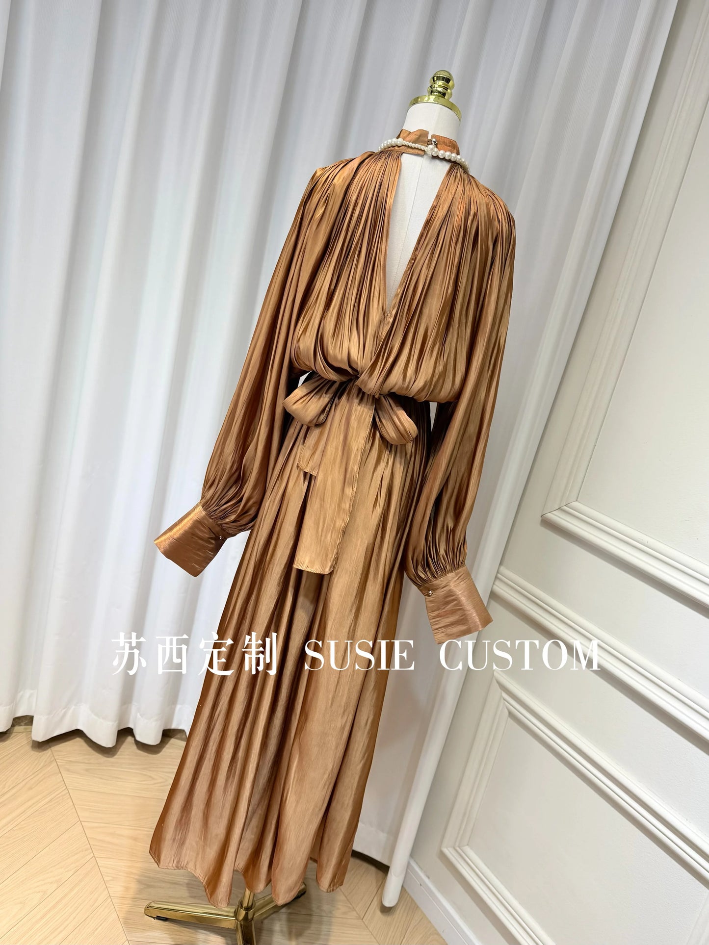 French Retro Palace Stand Collar Pleated Waist Tie Lantern Sleeves Large Swing Long Dress High Waist Elegant Vacation Dress