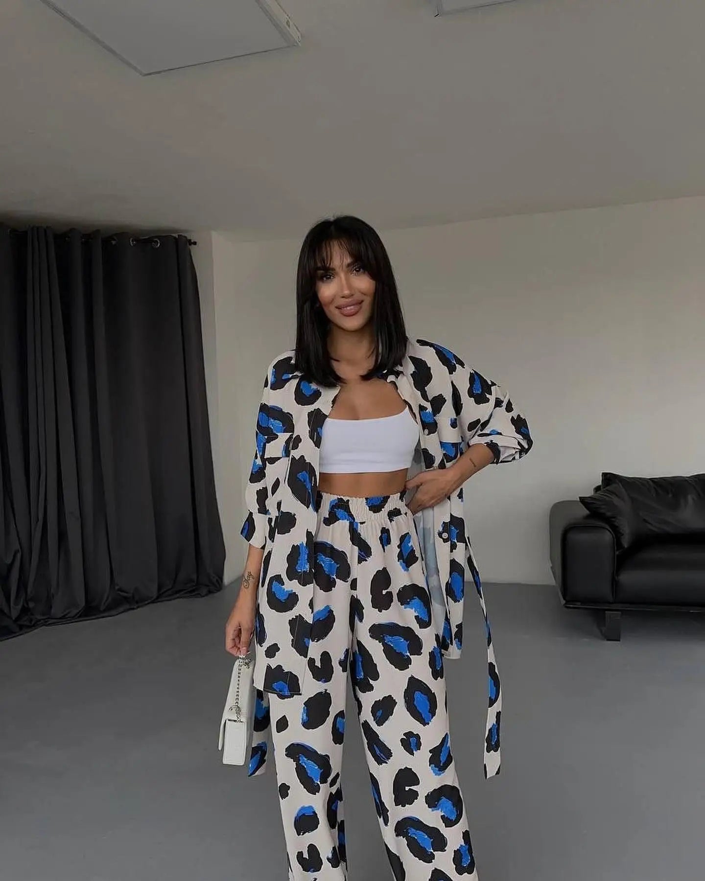 Fashion Leopard Print Women's Two Piece Sets Elegant Casual Button Streetwear Long Sleeve Shirt And Wide Leg Pants 2 Piece Sets
