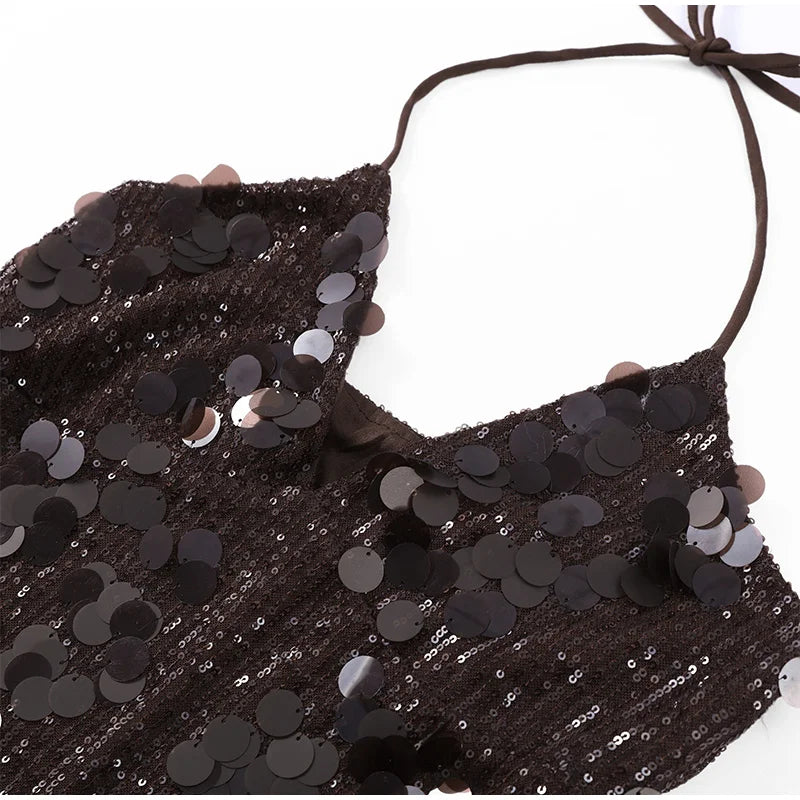 Sequin Halter Two Piece Top and Mini Skirt Set for Women