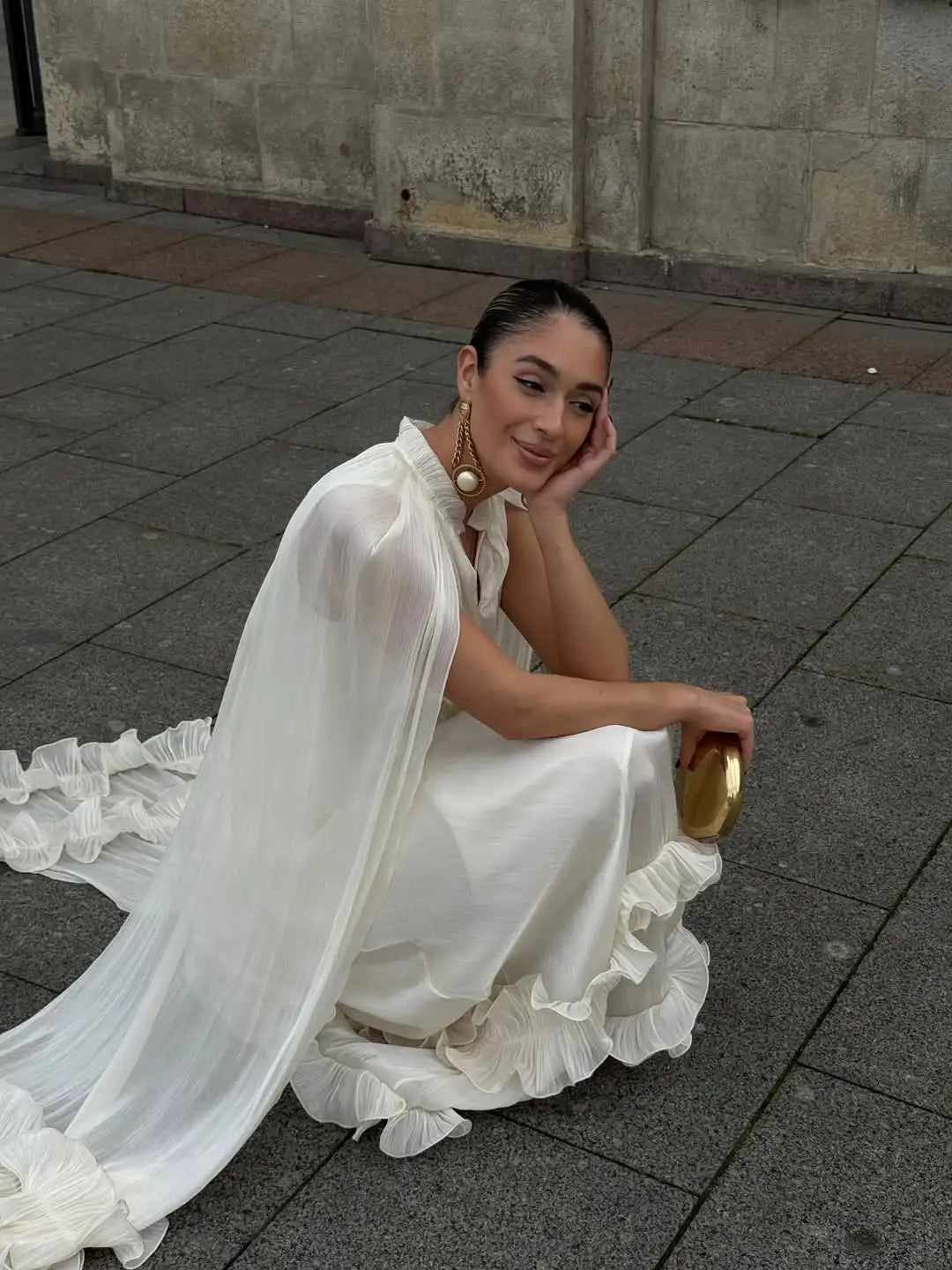 Women Solid Ruffle  Maxi Dress Fashion Lapel V-neck Sleeveless Pleated High Waist Chic Dresses 2025 Summer Lady Vacation Robes