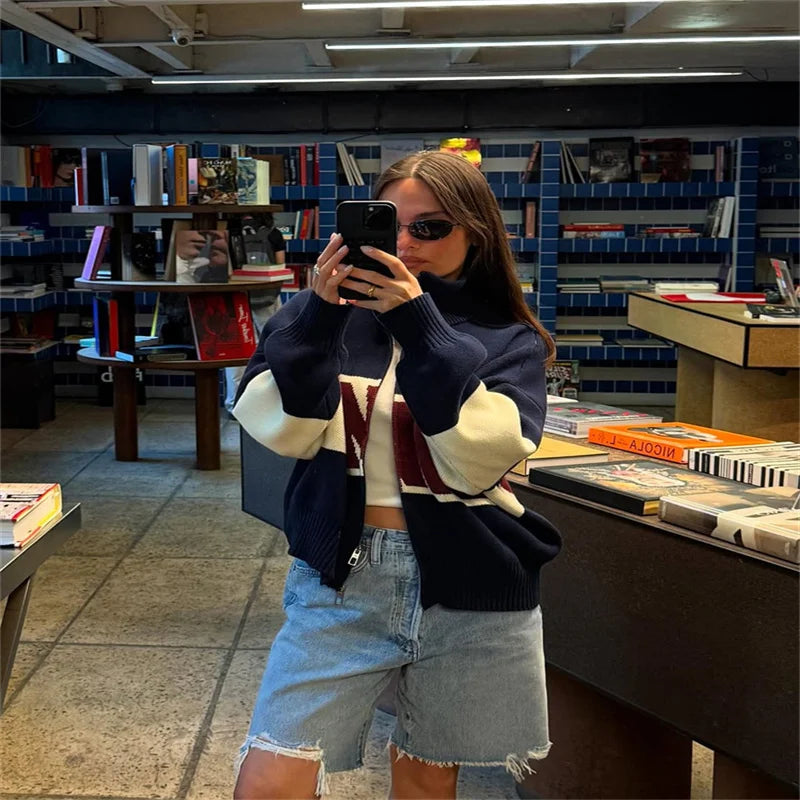 Letter Women 's Sweater Stand Collar Y2k Knit Sweaters For Woman Zipper Full Sleeve Tops Female 2025 Winter Men Jacket Knitwear