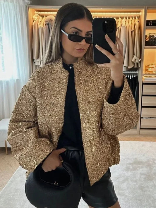 Suninheart Women's Sequined Bomber Jacket Fall O Neck Long Sleeve Pocket Stretch Hem Sequins Jacket Coat Female Chic Outerwear
