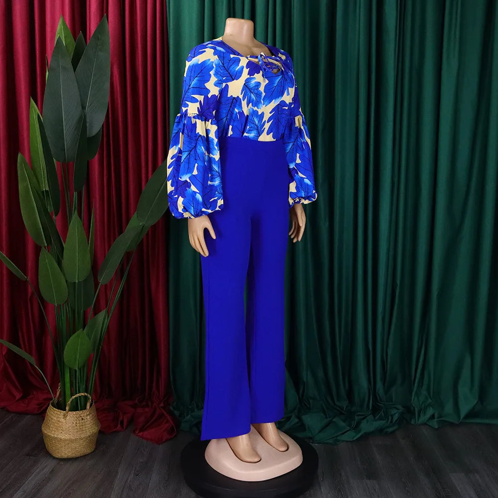 2 Pieces Sets Womens Outfits Two Pieces Outfits Printed Shirts Full Sleeve Long Trouser Fashion Elegant Ladies Matching Sets New