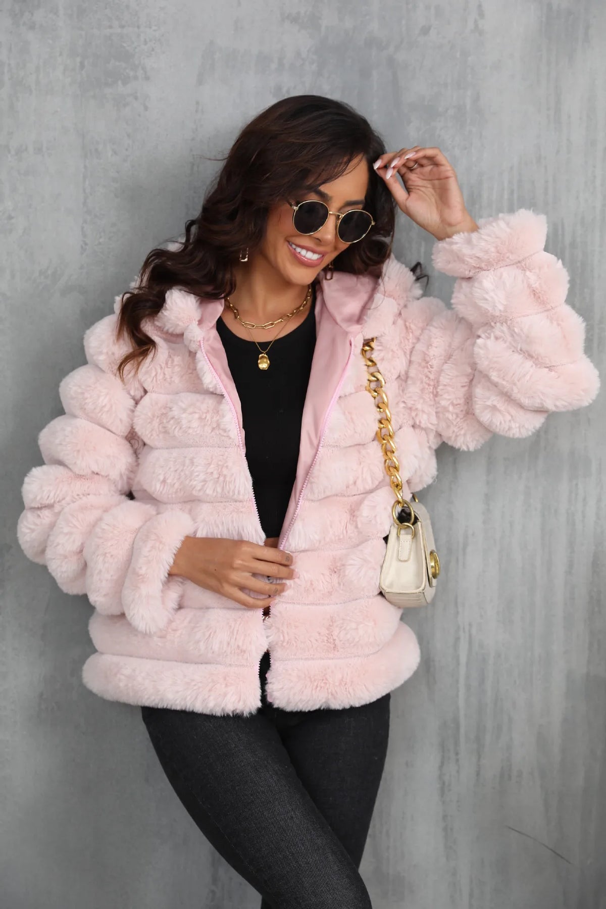 Warm Hooded Short Faux Fur Coat With Turn Down Collar for Women