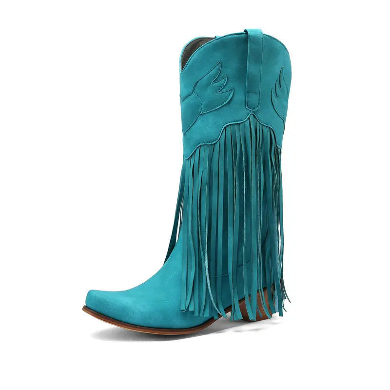Retro Western Style Mid Calf Boots With Block Heel Tassels For Women