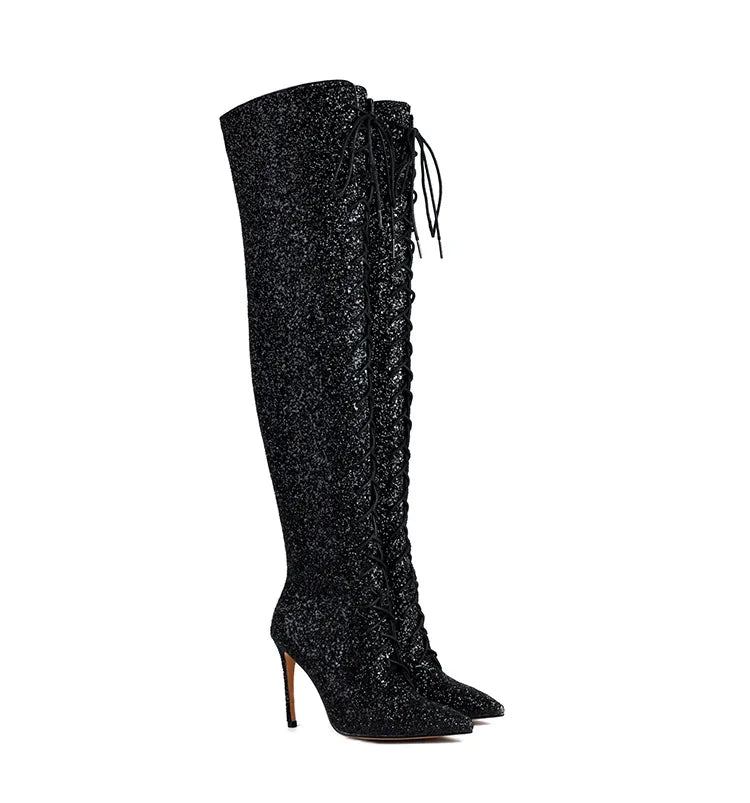 Shiny Sequined Over The Knee High Heel Boots for Women