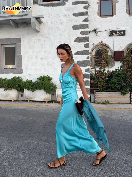 Women Solid Sling Maxi Dress Fashion Elegant Backless V-neck Sleeveless Satin High Waist Dresses 2025 Summer Lady Party Robes