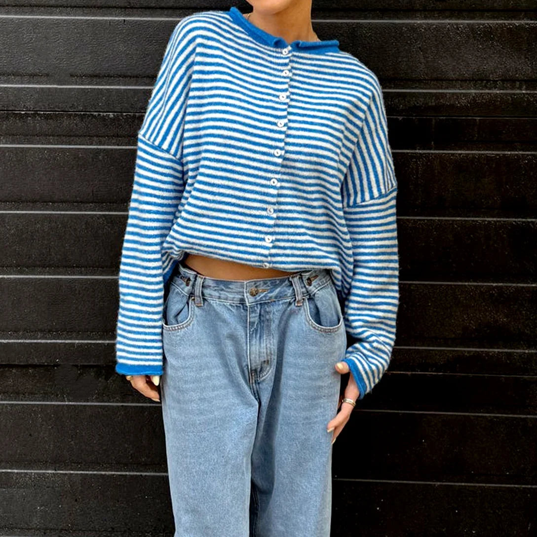 Striped Button Front Knit Cardigan Sweater for Women