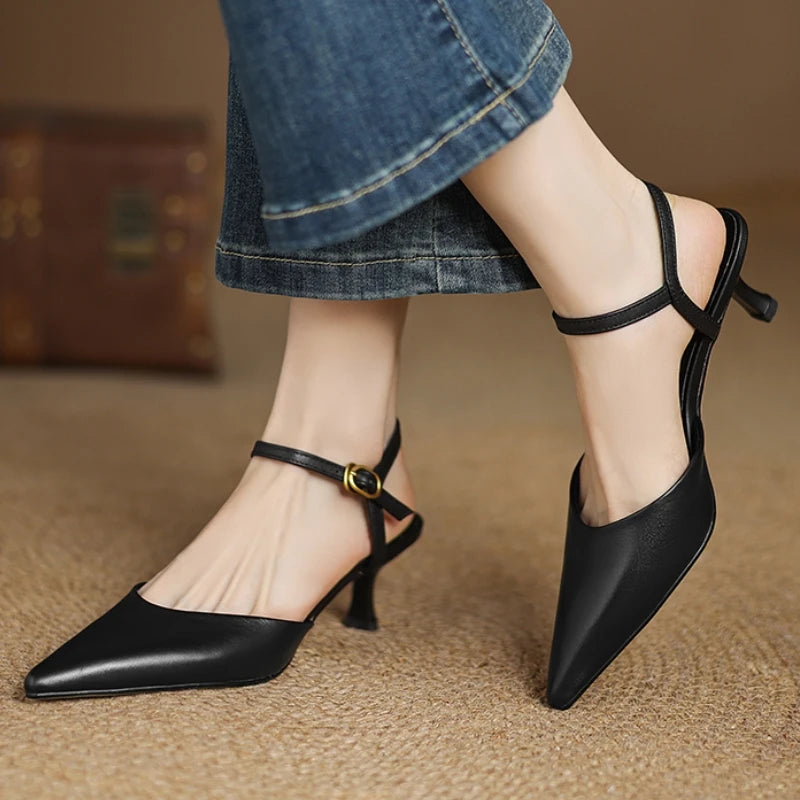 Black Pointed Leather Ankle Strap Heels