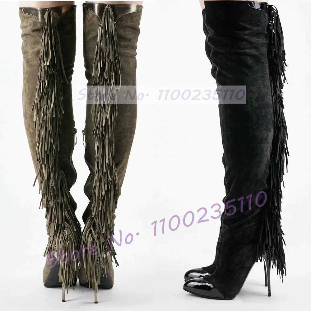 Grey Fringe Leather Over Knee Boots