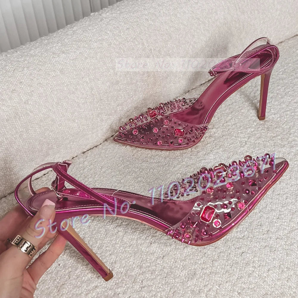 Clear Crystal Studded Pointy Toe Ankle Strap Sandals For Women