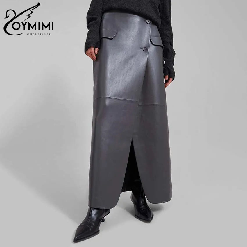 Oymimi Casual Black Pu Leather Skirts For Woman Elegant Button High Waisted Skirts Fashion Pockets Straight Skirt Streetwear