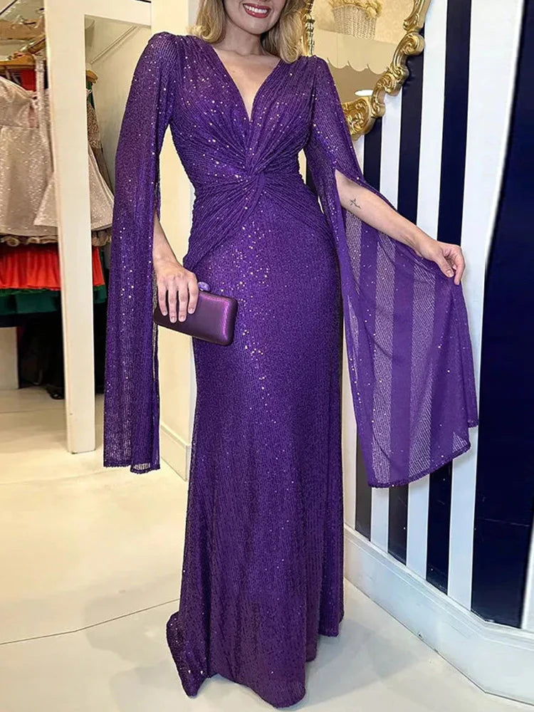 Elegant Sequin V Neck Long Sleeve Floor Length Maxi Dress for Women