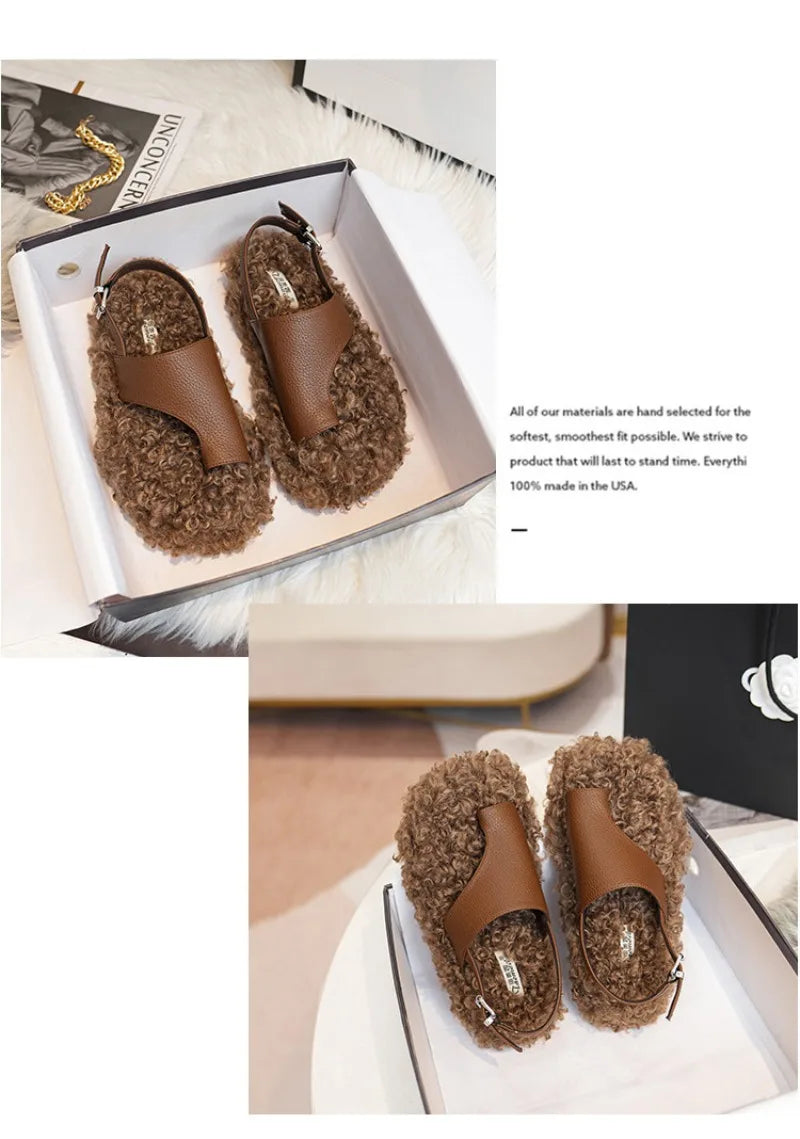 Cozy Plush Buckle Strap Flat Toe Slippers for Women