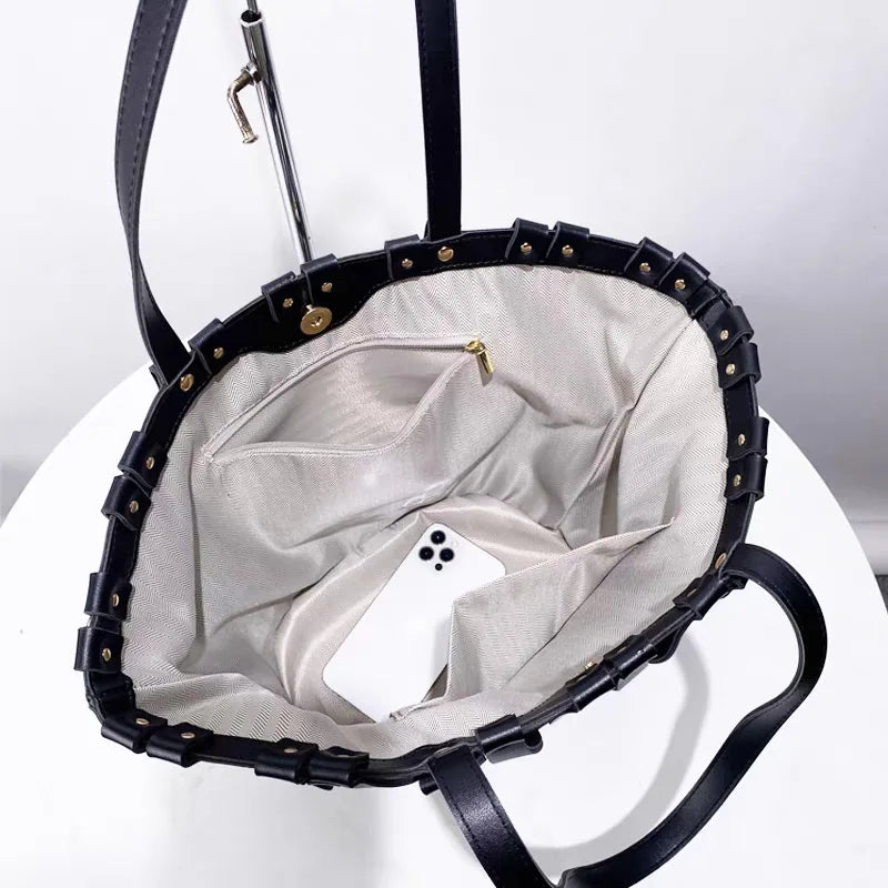 Hollow Fashion Woven Shoulder Bag Brand Retro Large Capacity Tote Bag Texture Contrast Color Canvas Handbag Beach Bag Women Bag