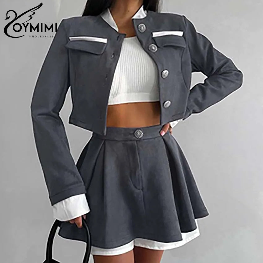 Oymimi Elegant Grey Patchwork Women 2 Piece Set Outfit Fashion Long Sleeve Pockets Button Crop Shirts And Pleated Mini Skirts
