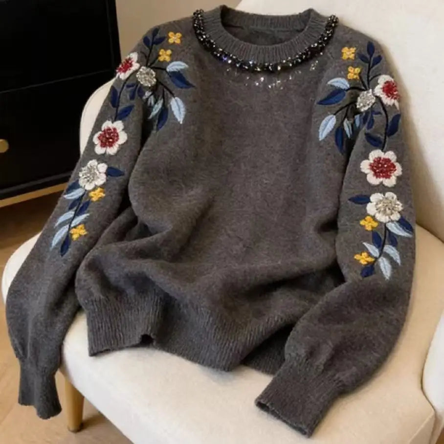 Floral Embroidered Crystal Detail Sweater for Women