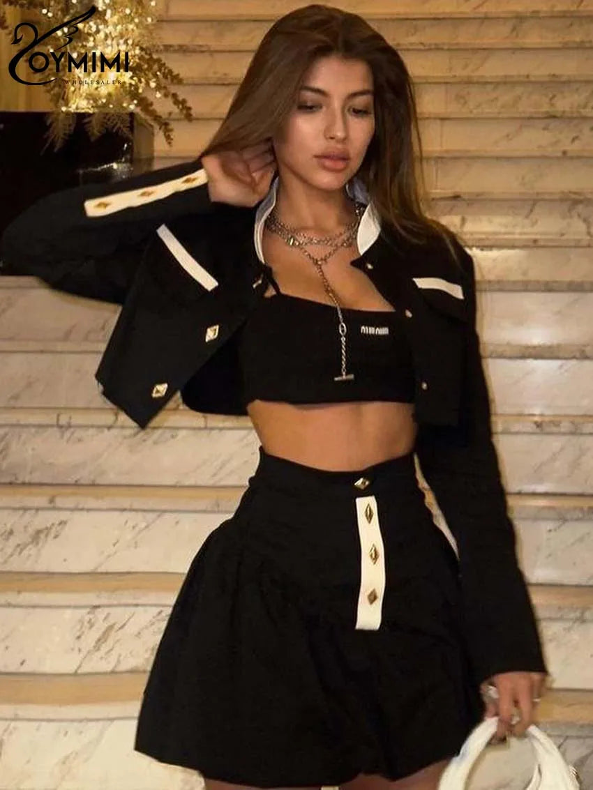Oymimi Fashion Black Patchwork Two Piece Set For Women Casual Long Sleeve Button Pockets Crop Shirts + High Waist Mini Skirt Set