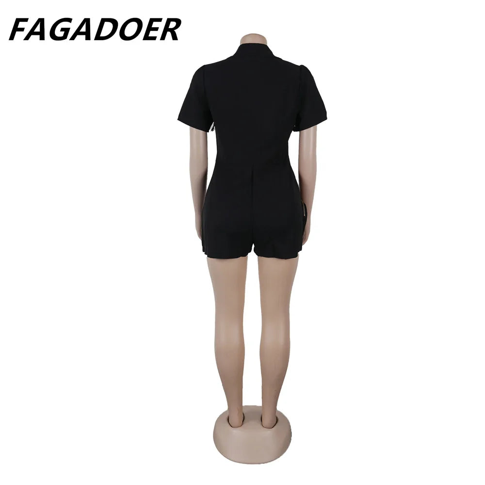 Solid Color Pocket Cargo Short Sleeve V Neck Romper for Women