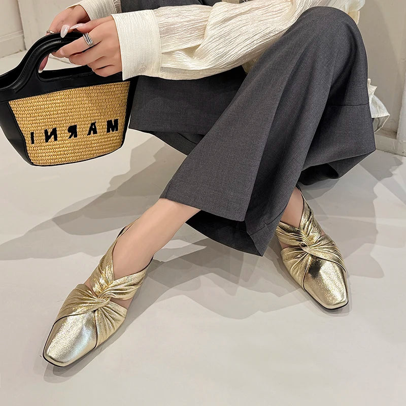 Handmade Real Leather Bowtie Square Heel Slingback Sandals for Women