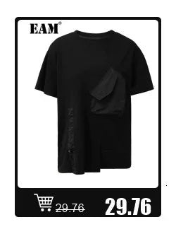 [EAM] Women Black Denim Burr Irregular Big Size Casual T-shirt New V-Neck Half Sleeve Fashion Tide Spring Summer 2025 1DJ1392