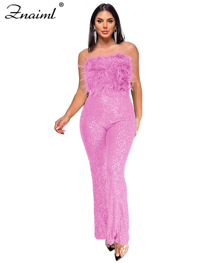 Znaiml New Luxury Sequins Jumpsuit with Colorful Feathers Sleeveless Shiny Dress Women's Evening Birathday One Pieces Rompers