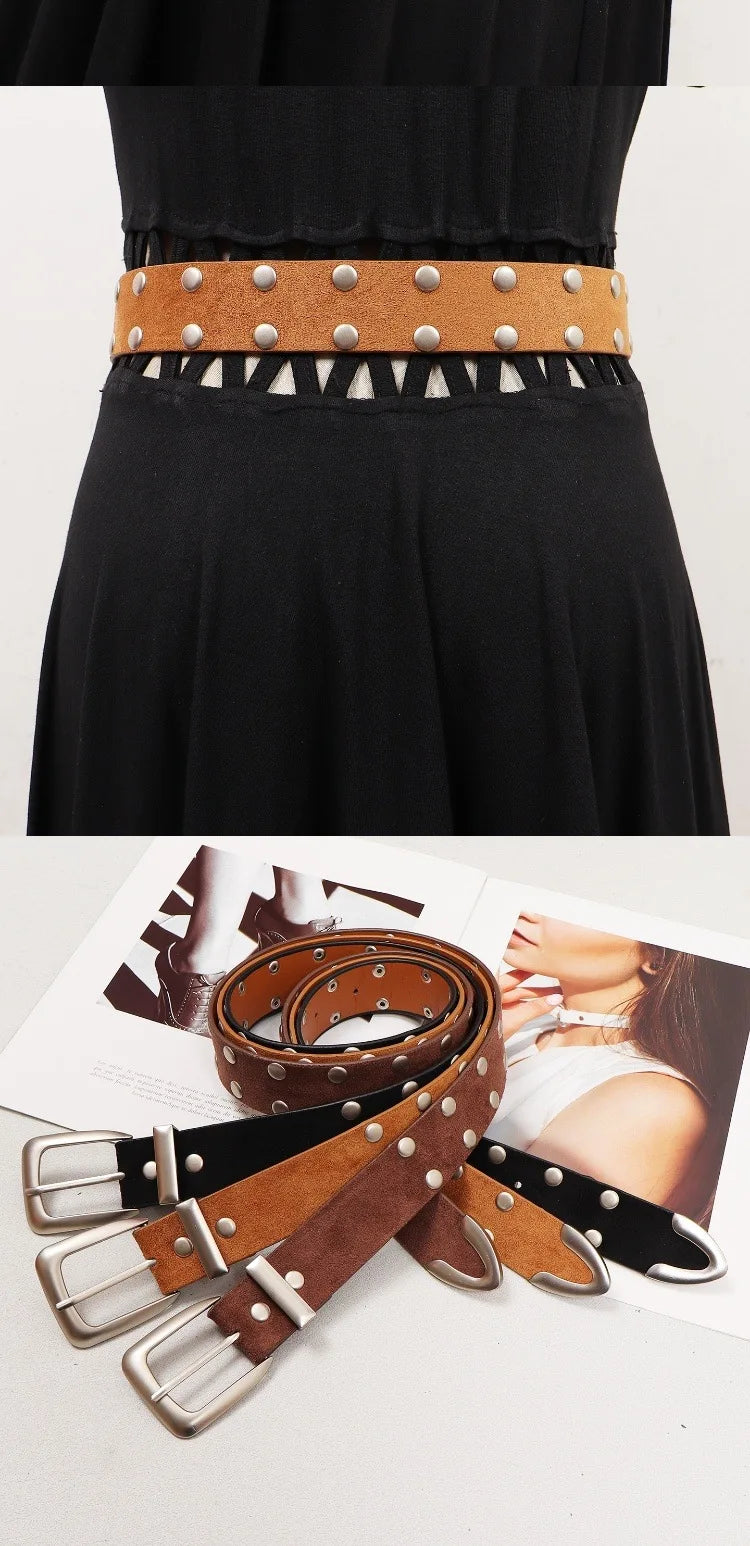 Retro Solid Color Suede Rivet Waist Belt for Women