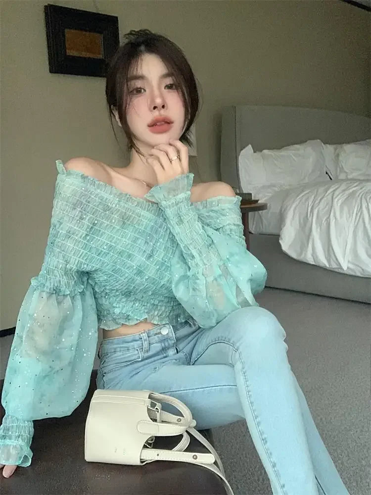 French Shoulder Chiffon Shirt for Women's Summer Design, Niche Shirt, Slim Fit Pleated Short Sleeved Top