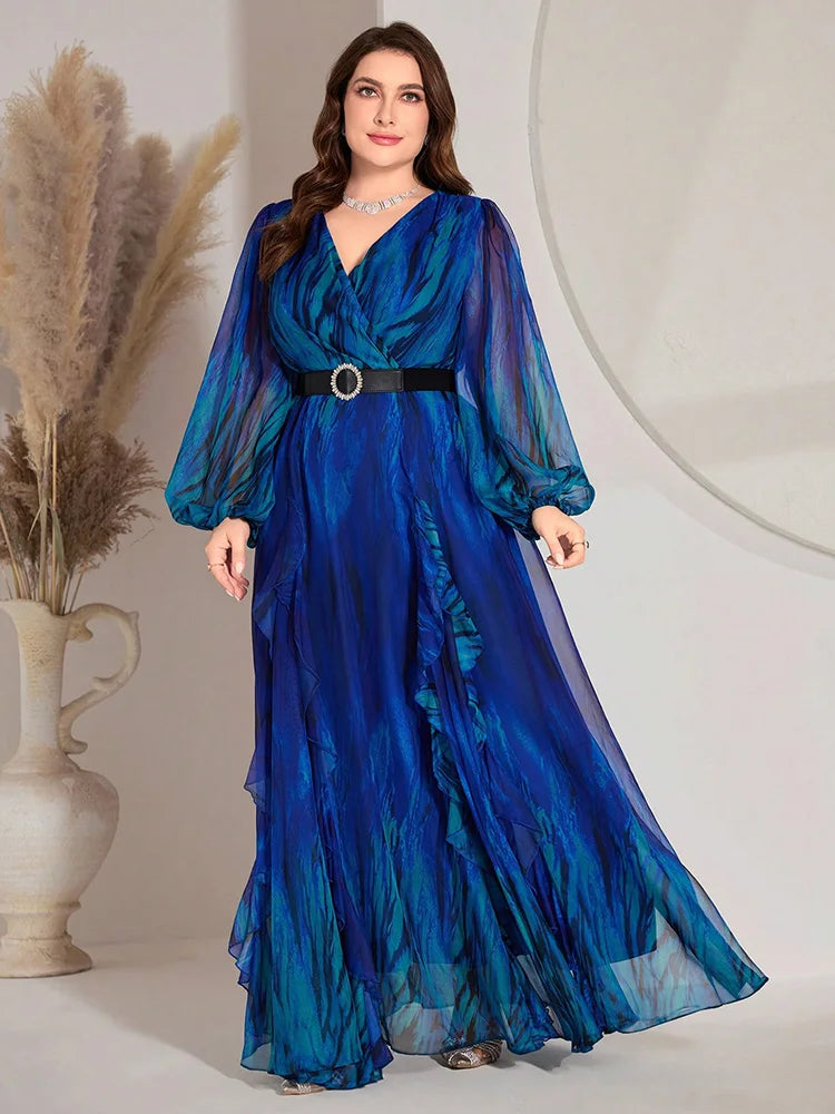 TOLEEN 2024 New Luxury Elegant Plus Size Women Maxi Dresses Ombre Lantern Sleeve V-Neck Arabia Long Dress, For Summer Vocation