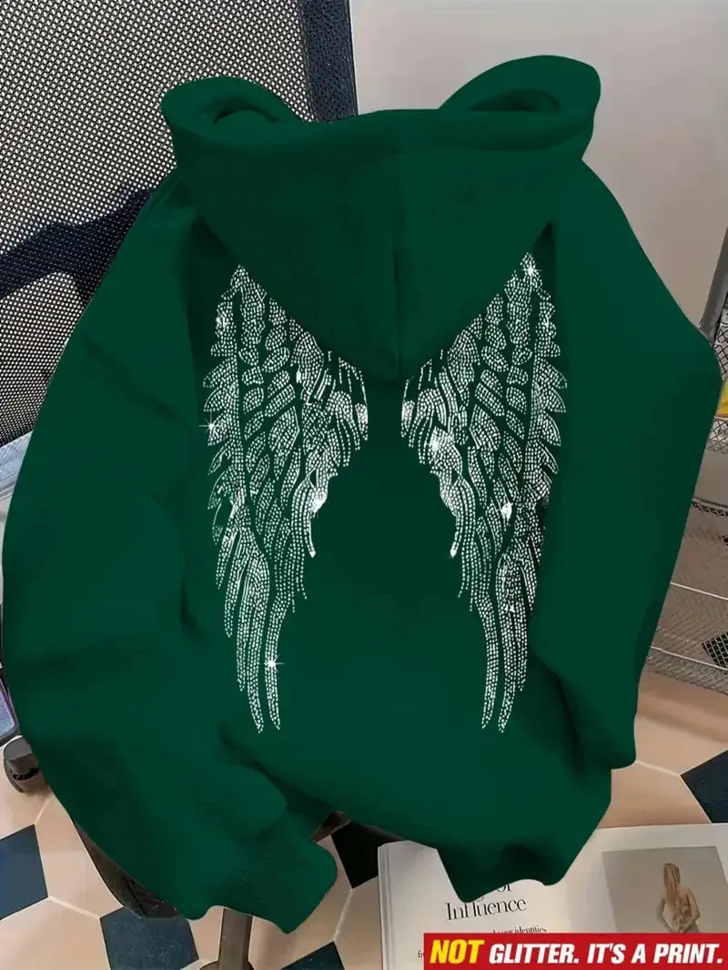 Wing Print Rhinestone Long Sleeve Pullover Hoodie for Women