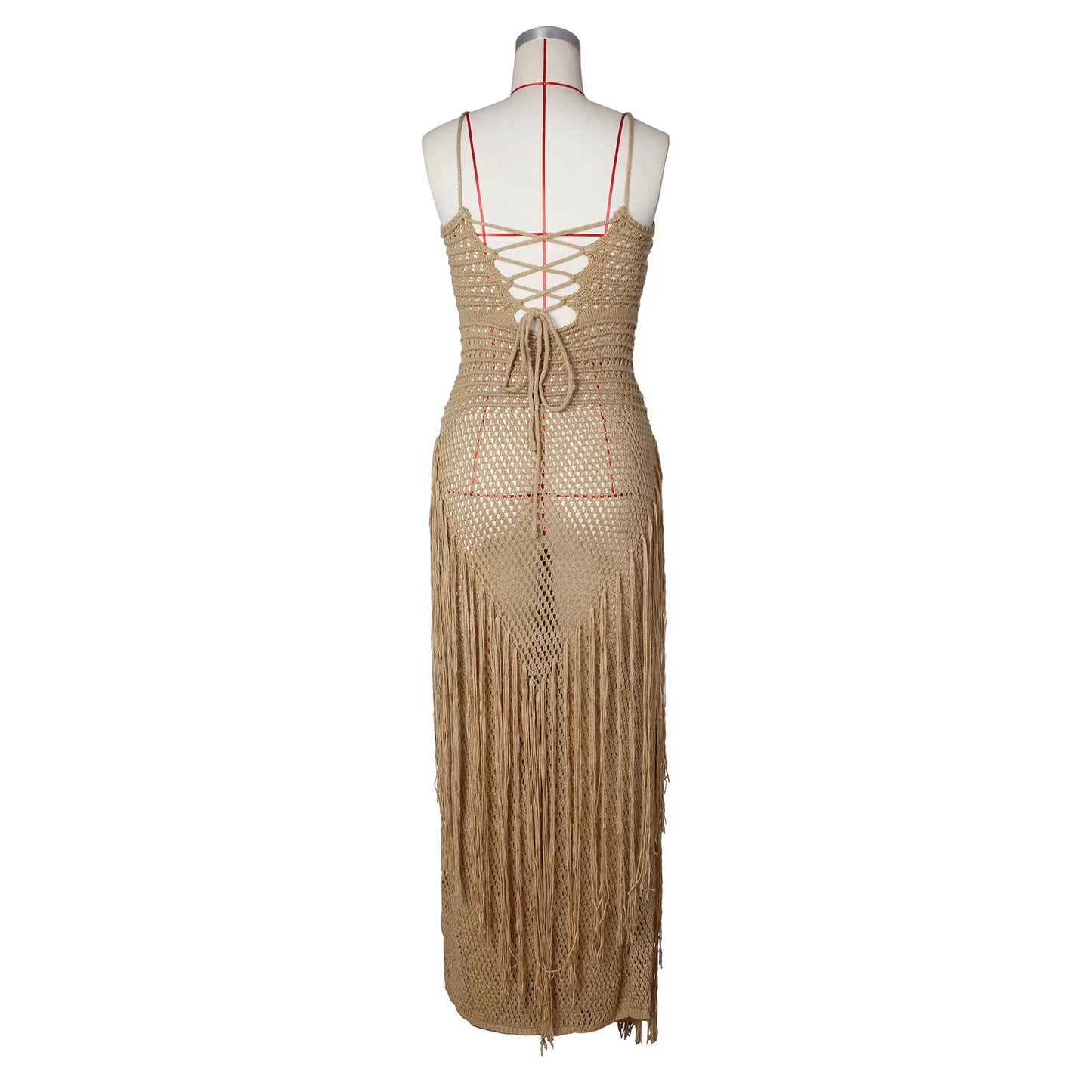 Hollow Out Sheer Crochet Lace Up Maxi Dress for Women