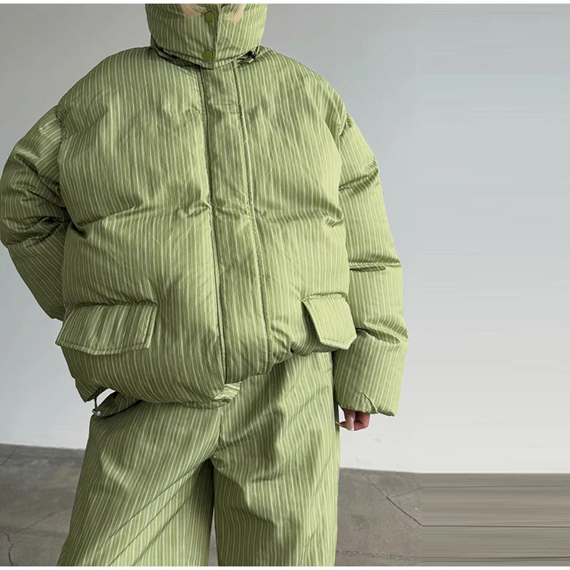 Striped Hooded Puffer Jacket and Wide Leg Pants Set for Women
