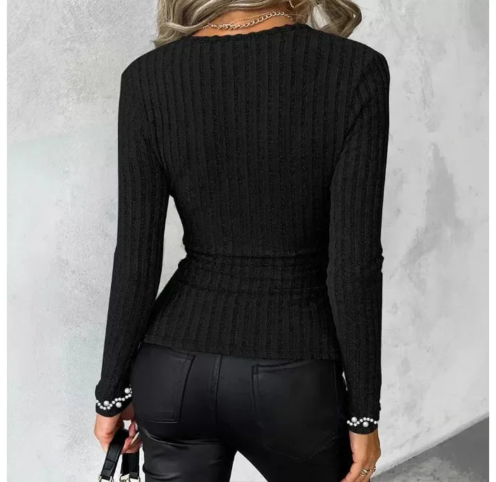 Fashion Woman Sexy Elegant Autumn Winter 2024 Pullover Beaded Scoop Neck Long Sleeve Ribbed Slim Fit T-Shirt Y2K Skinny Tops