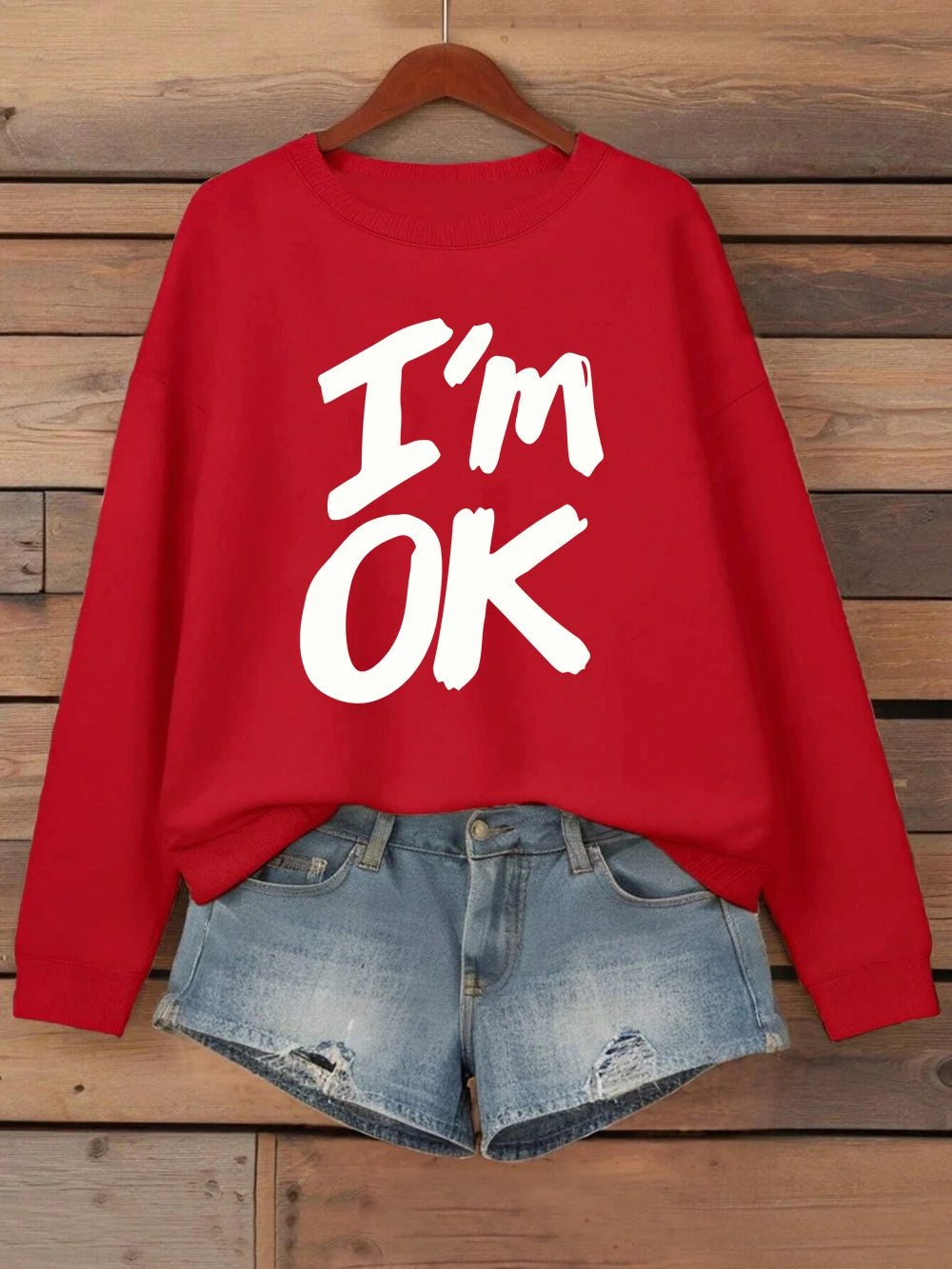 I'M Okay Letter Printed Sweatshirts Womens Autumn Winter Casual Hoodie Fleece Warm Crewneck Pullovers Street Loose Woman Clothes