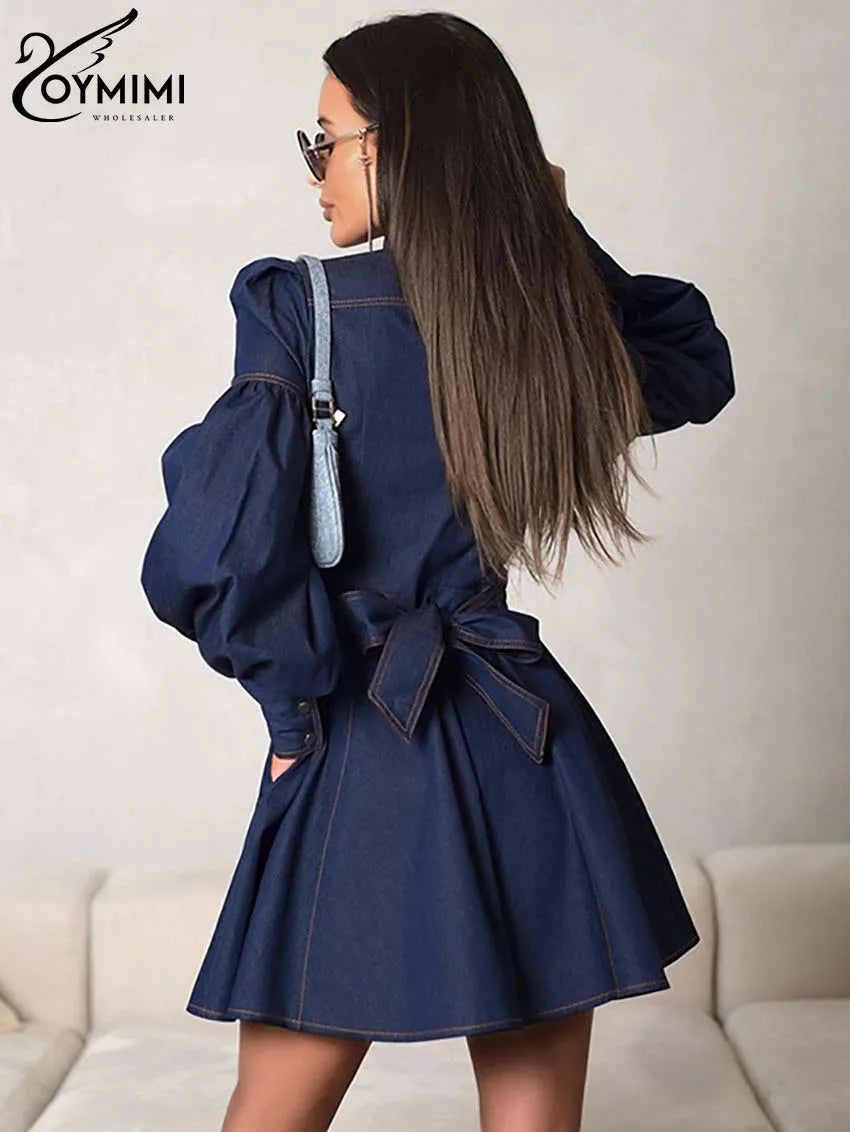 Oymimi Elegant Blue Denim Womens Dresses Fashion O-Neck Long Sleeve High Waisted Dresses Casual Button Mini Dress Streetwear
