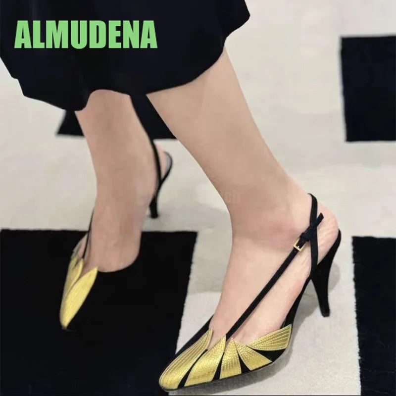 Pointed Toe High Heel Woven Color Block Sandals for Women