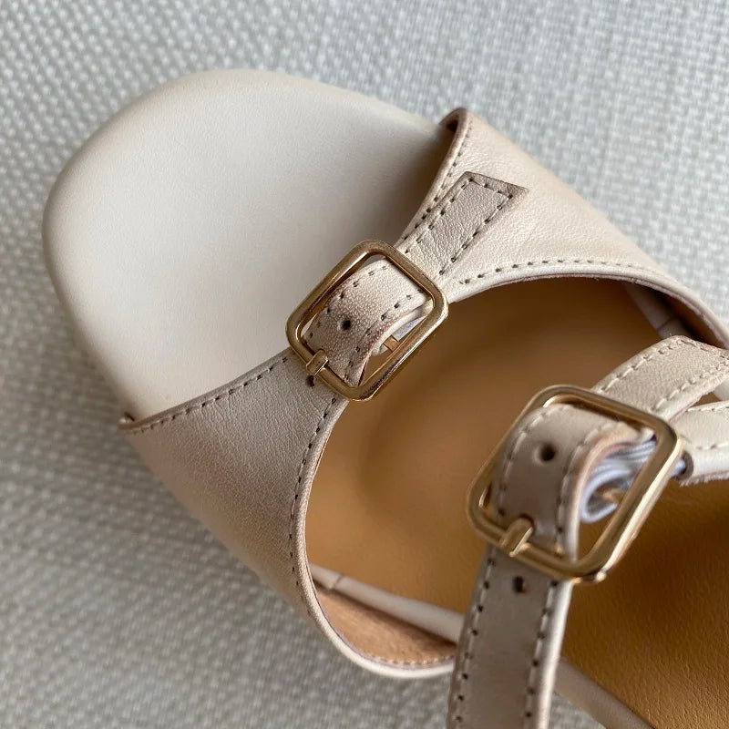 Elegant Apricot Buckle Platform Thick Heel Wedge Sandals for Women