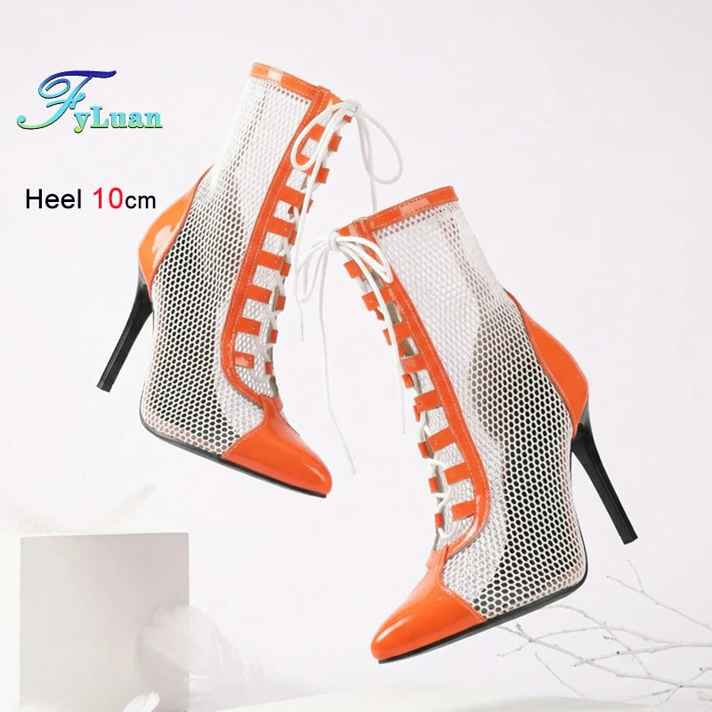 Breathable Mesh Pointy Toe Lace Up Thin Heel Ankle Boots for Women