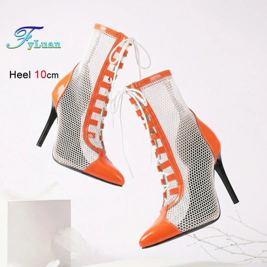 Mesh Lace Up Pointy Toe Ankle Boots