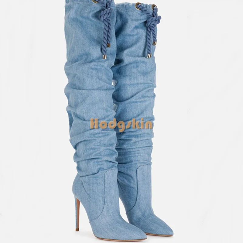 Cross Tied Denim Knee High Stiletto Boots for Women