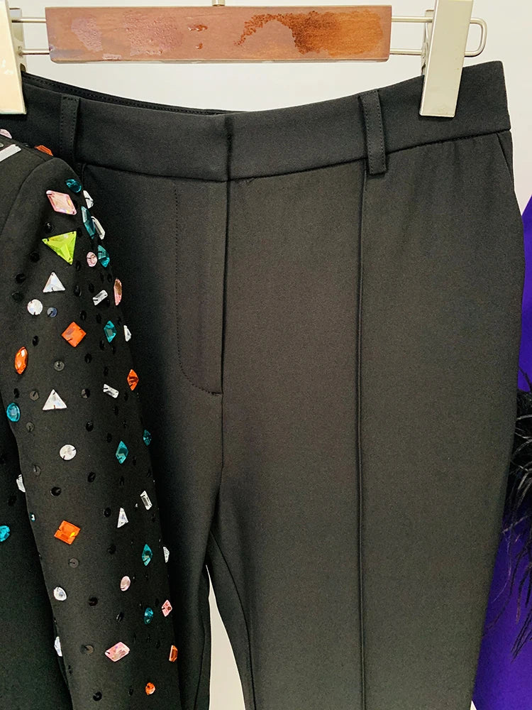 HIGH STREET Newest 2026 Designer Runway Fashion Suit Set Women's Slim Fitting Strass Diamonds Beaded Blazer Pants Set