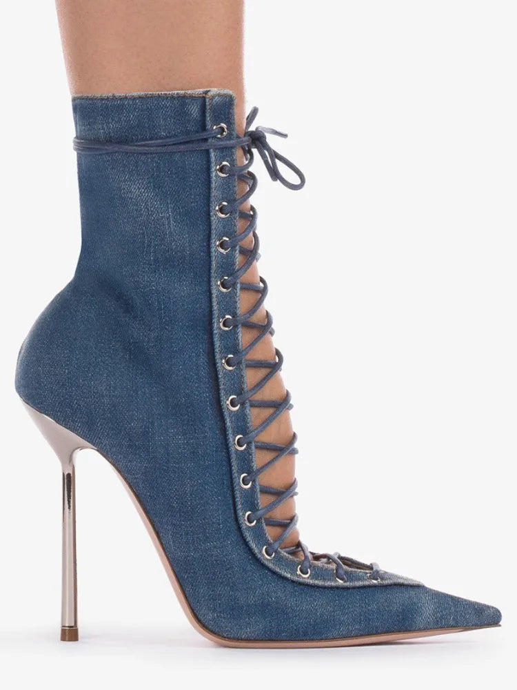 Lace Up Knee High Heeled Boots With Side Zipper for Women