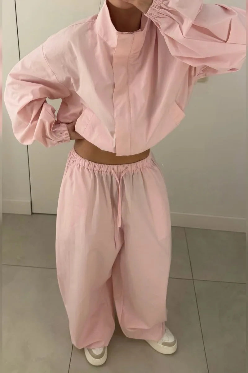 Lace Up Stand Collar Wide Leg Two Piece Set for Women