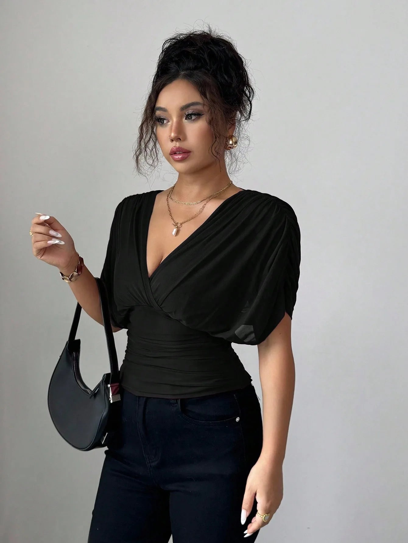 Elegant Deep V Neck Flutter Sleeve Waist Cinching Top for Women