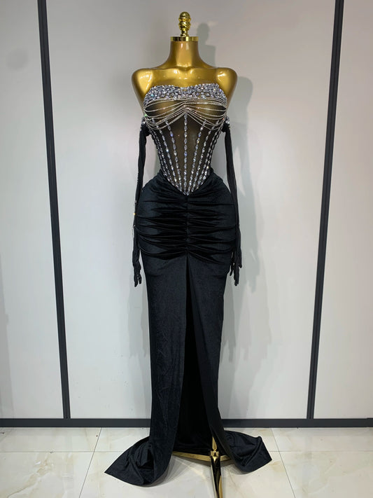 Women Sexy Strapless Rhinestone bodysuit Skirt Three Piece Set Celebrity Elegant Evening Party Birthday Dresses Stage Costume