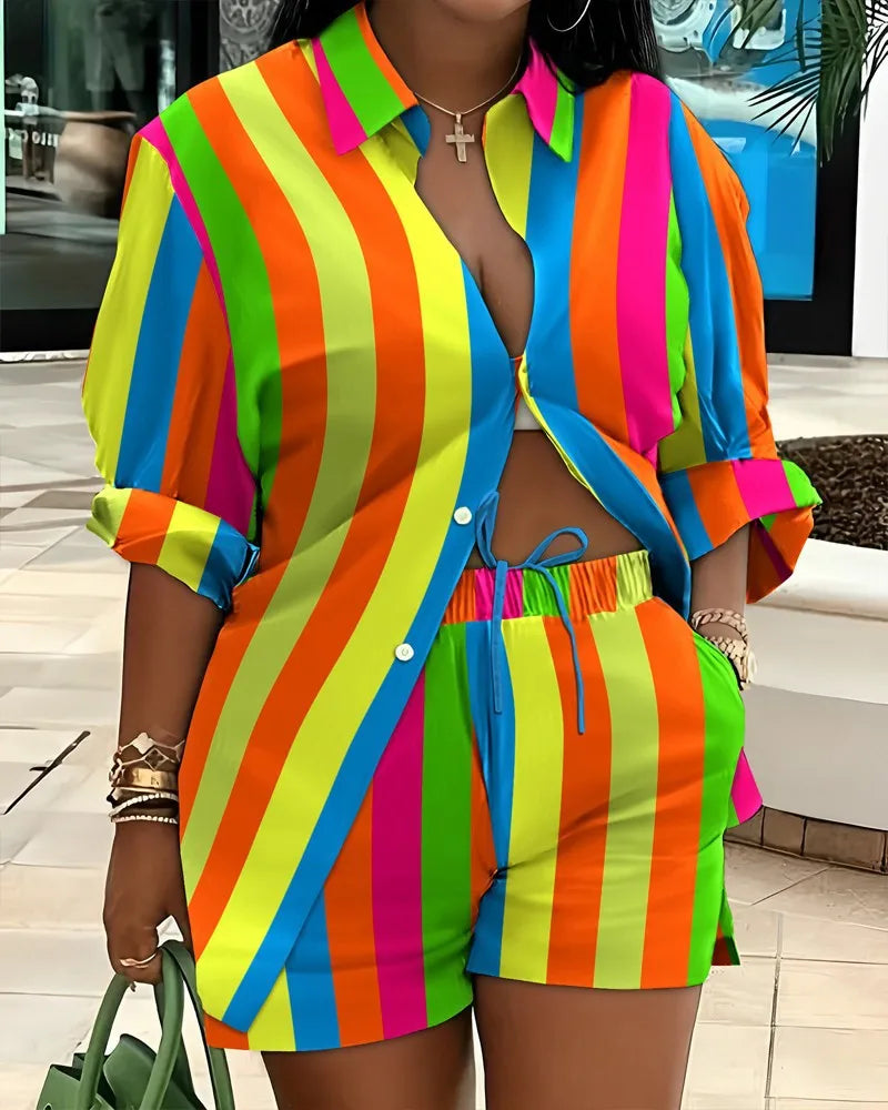 Casual Geometric Print Shirt Shorts Two Piece Set for Women