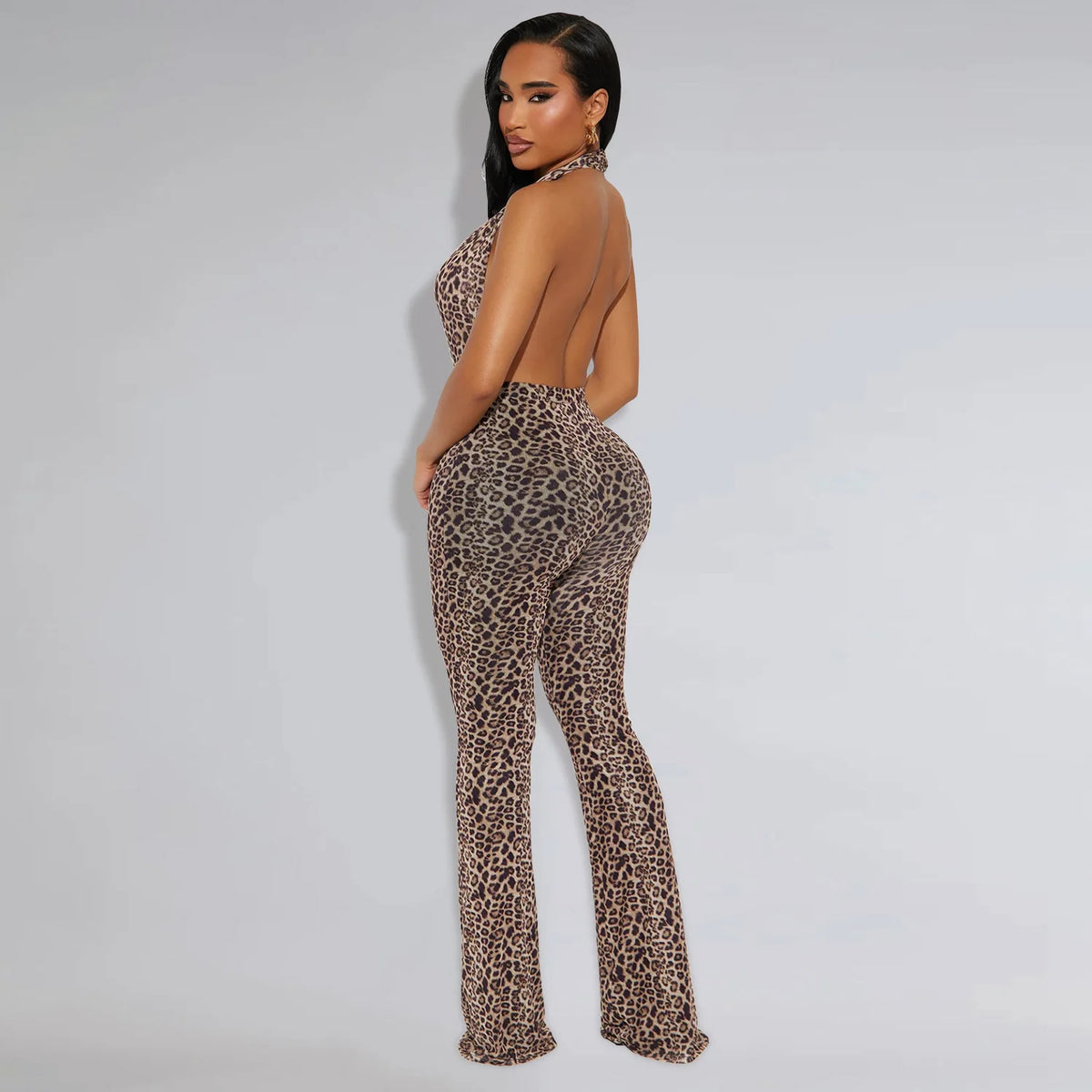 Leopard Print Halter Backless Bodycon Jumpsuit for Women