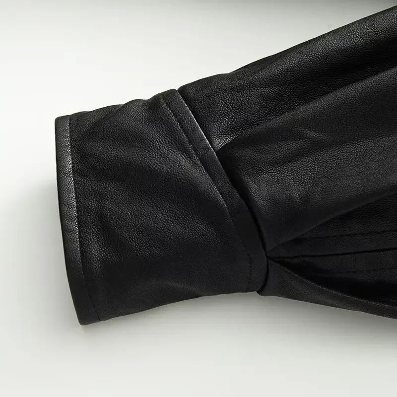 Cropped Oversized Black Leather Bomber Jacket for Women